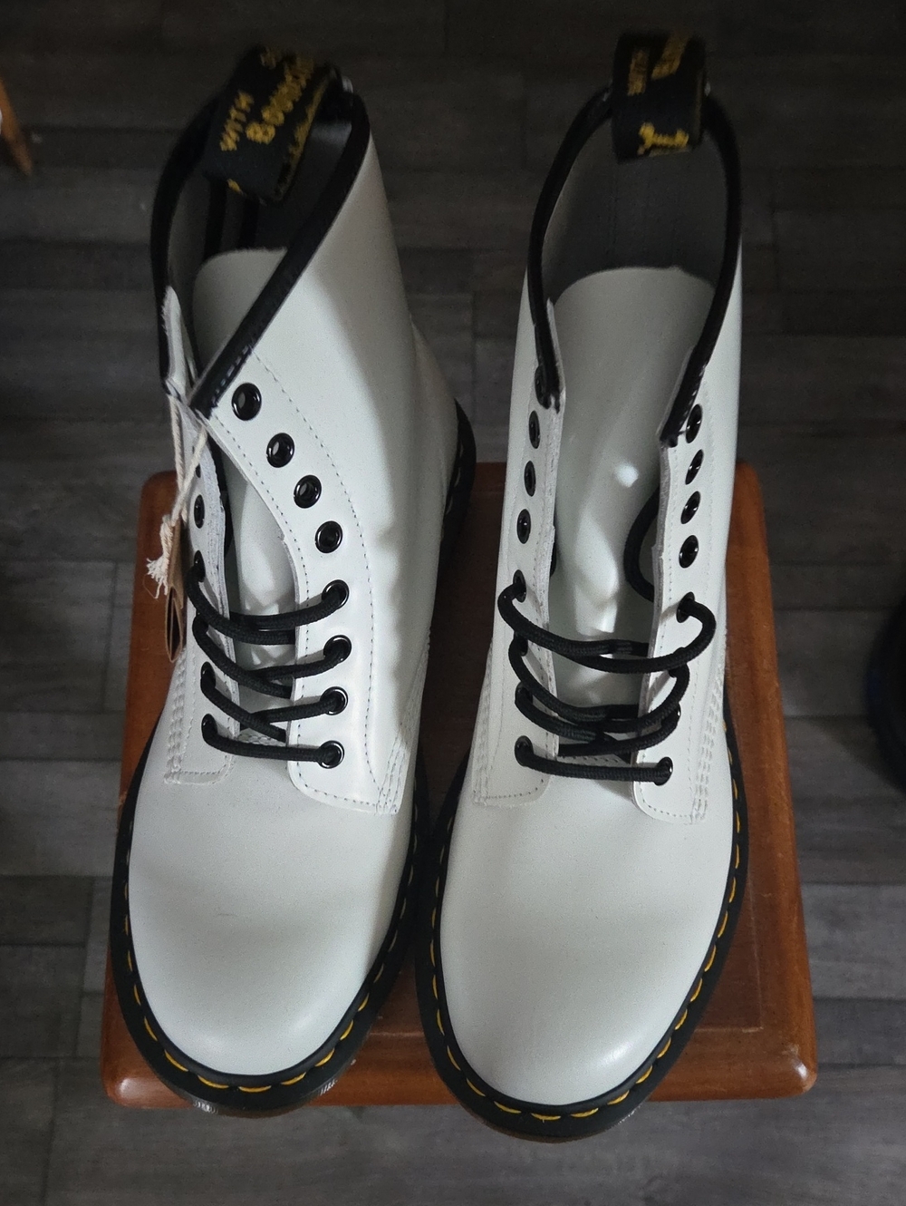 Dr. Martens White Lace-Up Boots with Yellow Stitching